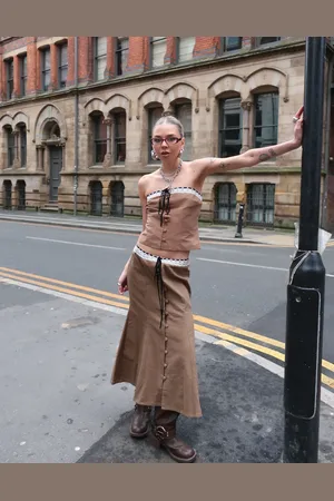 Labelrail X Daisy Birchall bow detail button through midi skirt in (part of a set)-Neutral