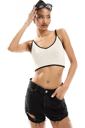 In The Style Knitted crop top with contrast trim in (part of a set)-White