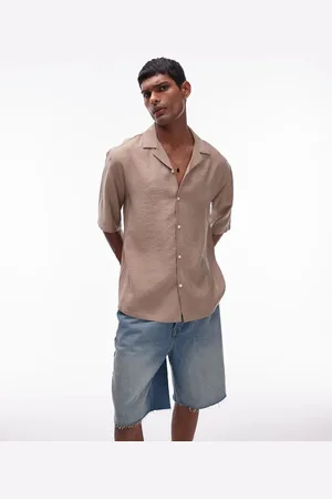 Topman Short sleeve relaxed satin shirt in camel-Neutral
