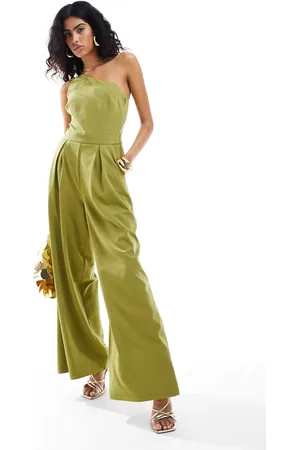 Pretty Lavish One shoulder jumpsuit with pockets in olive-White