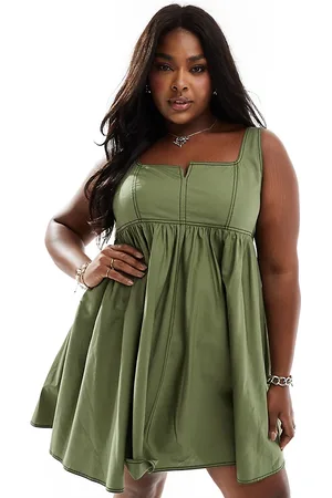 COLLUSION Plus cotton mini smock dress with notch neck in -Green
