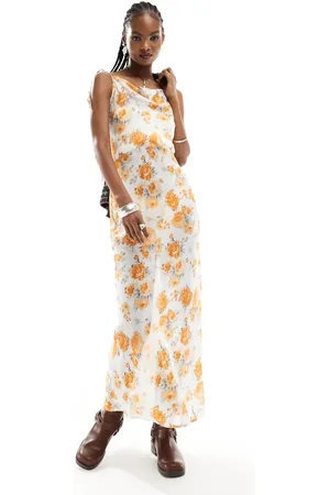 Kiss The Sky Sheer floral 90s maxi cowl slip dress-Orange