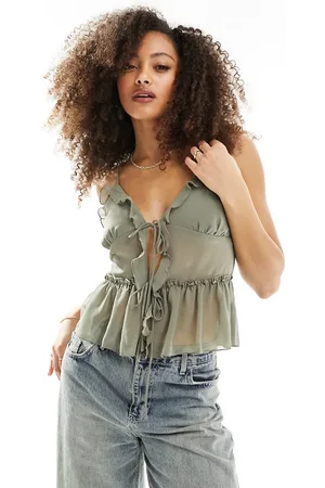Cotton On Boho tie front cami top in khaki-Green