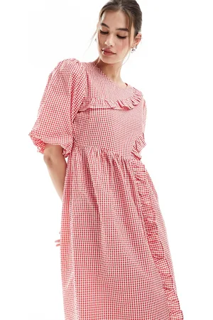 Native Youth Ruffle detail gingham midaxi dress in red
