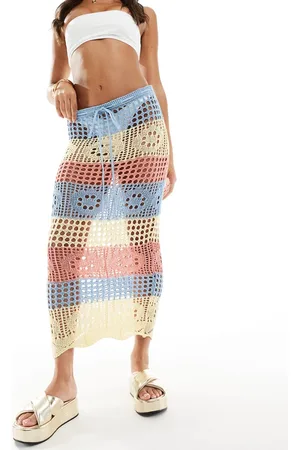 Missyempire Missy Empire crochet maxi beach skirt in pastel stripe-Blue