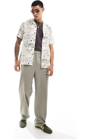 Pretty Green Music sketch print short sleeve linen shirt in ecru-White