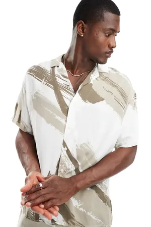 JACK & JONES Revere collar shirt with brush stroke print in beige-Neutral
