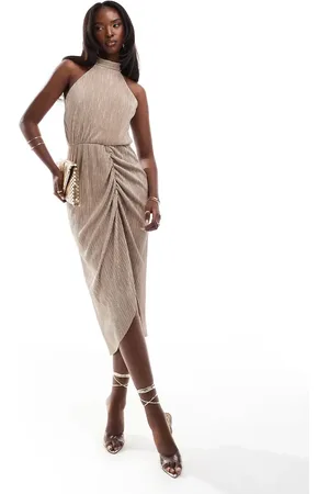 Ax Paris Halterneck plisse midi dress in -Neutral