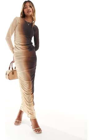 River Island Ombre mesh ruched midi skirt in brown (part of a set)