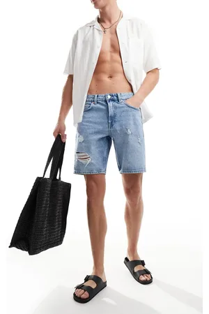 Only & Sons Loose fit denim shorts with abrasions in light wash blue