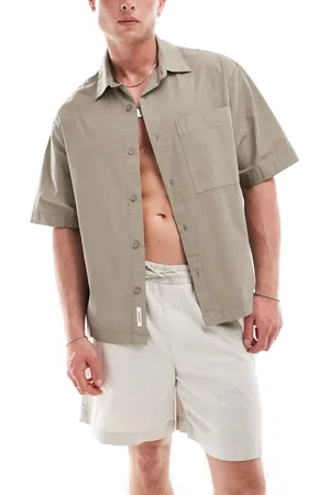 Pull&Bear Boxy fit revere neck shirt in -Neutral