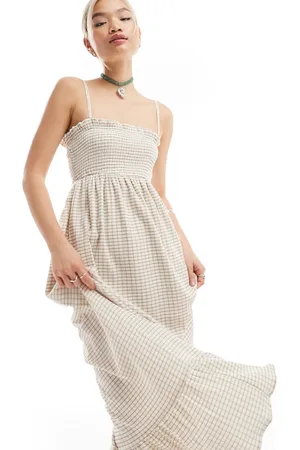 Daisy Street Shirred cami midaxi dress in off white check