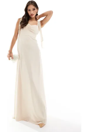 Six Stories Bridesmaid bow shoulder chiffon maxi dress in -Neutral