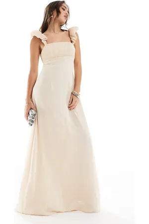Six Stories Bridesmaid ruched chiffon maxi dress in -Neutral
