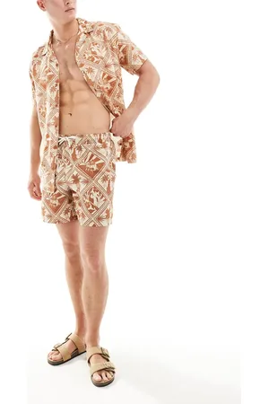 Chelsea Peers Viscose beach shorts in tropical tile print (part of a set)-Brown