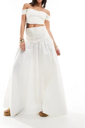 Free People Embroidered panel maxi skirt in ecru-White