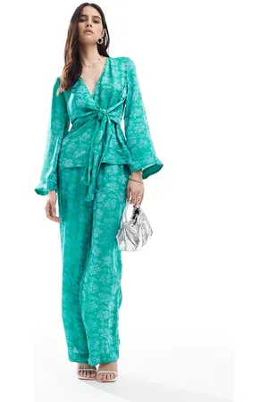 Y.A.S Satin wide leg pants in jacquard floral (part of a set)-Blue