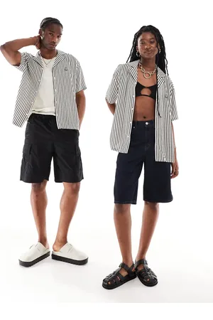 Dr Denim Unisex Madi relaxed fit short sleeve shirt in bean small black, white and green stripe