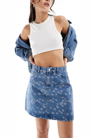 VERO MODA Denim a-line mini skirt in embroidered print-Blue