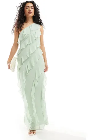 TFNC Bridesmaids chiffon one shoulder maxi dress with frills in -Green