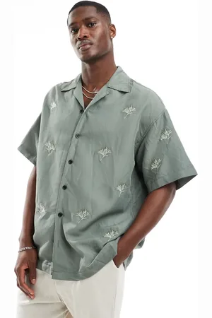 JACK & JONES Boxy fit revere collar shirt with flower embroidery in khaki-Green