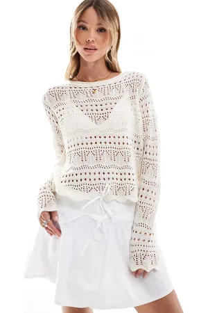 JDY Boatneck broderie long sleeve top in cream-White