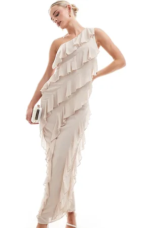 TFNC TFNC Bridesmaids Petite chiffon one shoulder maxi dress with frills in -White