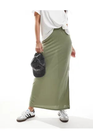 VILA Slinky maxi skirt with split in green