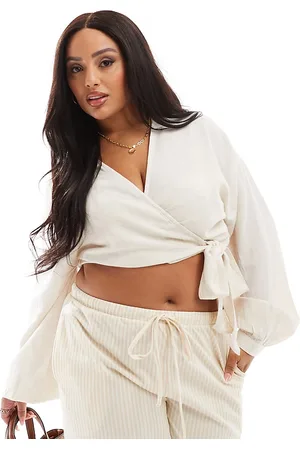 In The Style Linen look cropped wrap tie side top in -Neutral