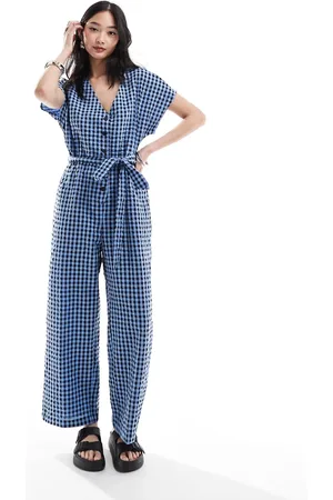 Monki Seersucker tie waist jumpsuit in blue and black gingham