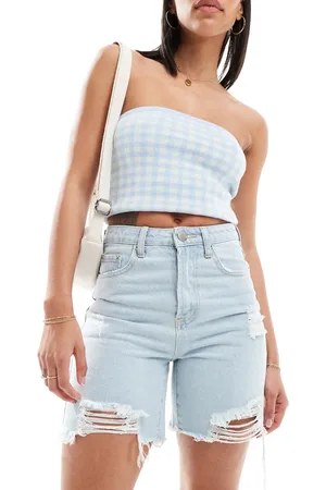 Glamorous High waisted longer line denim shorts in 90s blue