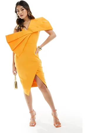 Lavish Alice Bow detail midi dress in -Orange