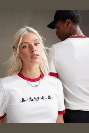 ASOS Disney unisex muscle ringer t-shirt with Mickey Mouse faces prints in off white-Neutral