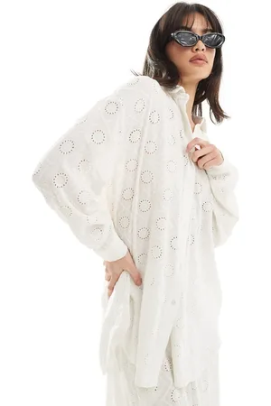 Iisla & Bird Broderie panel detail long sleeve beach shirt in (part of a set)-White