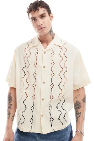 ASOS Short sleeve boxy oversized revere collar shirt with placement broderie in -Neutral