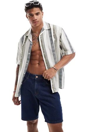 SELECTED Oversized linen mix revere collar shirt in printed stripe-White