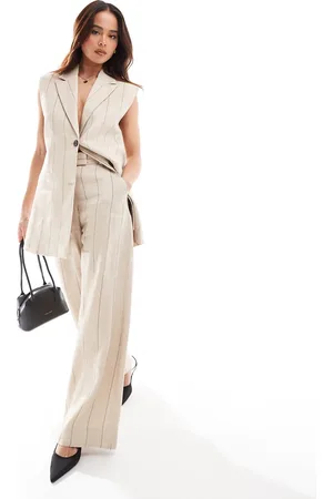 & OTHER STORIES Linen wide leg tailored pants in with black pinstripes-Neutral