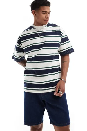 SELECTED Oversized heavyweight t-shirt in cream green navy stripe