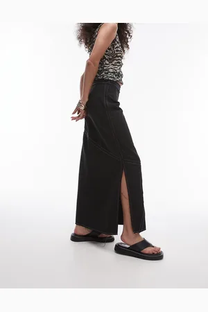 Topshop Twill raw edge topstitch midi skirt in -Black