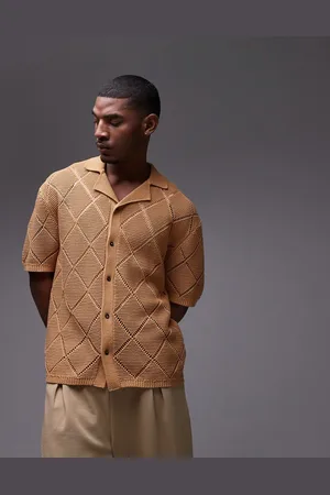 Topman Diamond pattern crochet button through polo in mustard