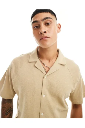 JACK & JONES Oversized textured revere collar shirt in beige-Neutral