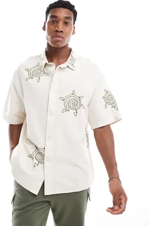 Bershka Boxy fit embroidered shirt in -Neutral