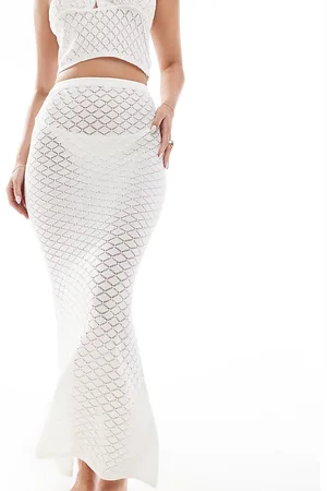 In The Style Exclusive crochet knit textured fishtail maxi beach skirt in cream (part of a set)-Neutral