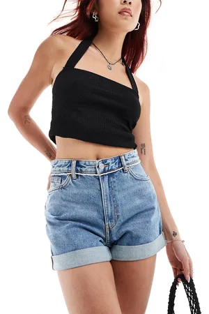 Monki Tallie turn up denim shorts in mid blue