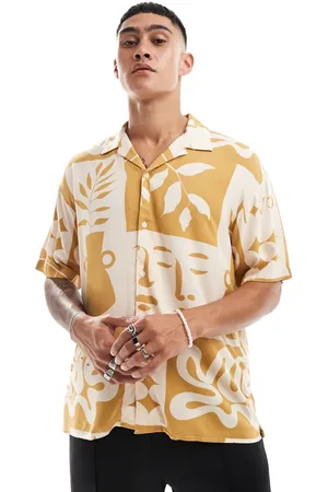 JACK & JONES Oversized revere collar floral printed shirt in mustard-Yellow