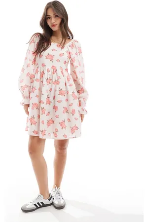 Y.A.S Y.A.S puff sleeve mini dress in pink rose print-White