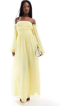 Lace & Beads Ruched balloon maxi dress in -Yellow