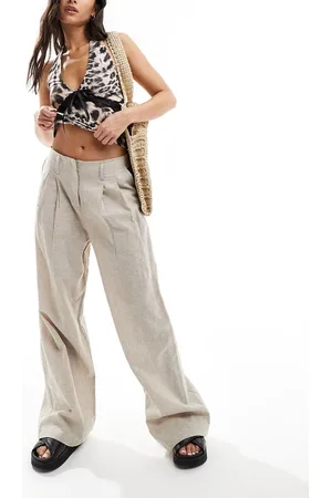 Monki Linen tailored wide leg pants in -Neutral