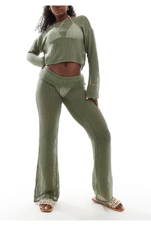 ONLY Flare beach pants with folded waistband in sage green (part of a set)