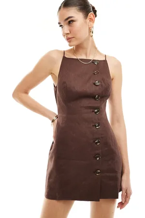 SNDYS Linen square neck button down cami mini dress in -Brown